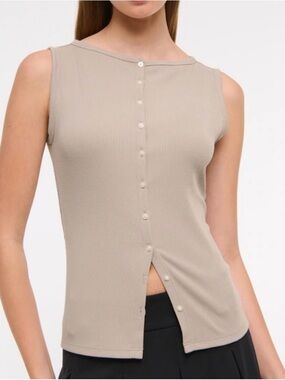 Abercrombie & Fitch Slash Button-Front Sleeveless Dress Ribbed Beige Tank